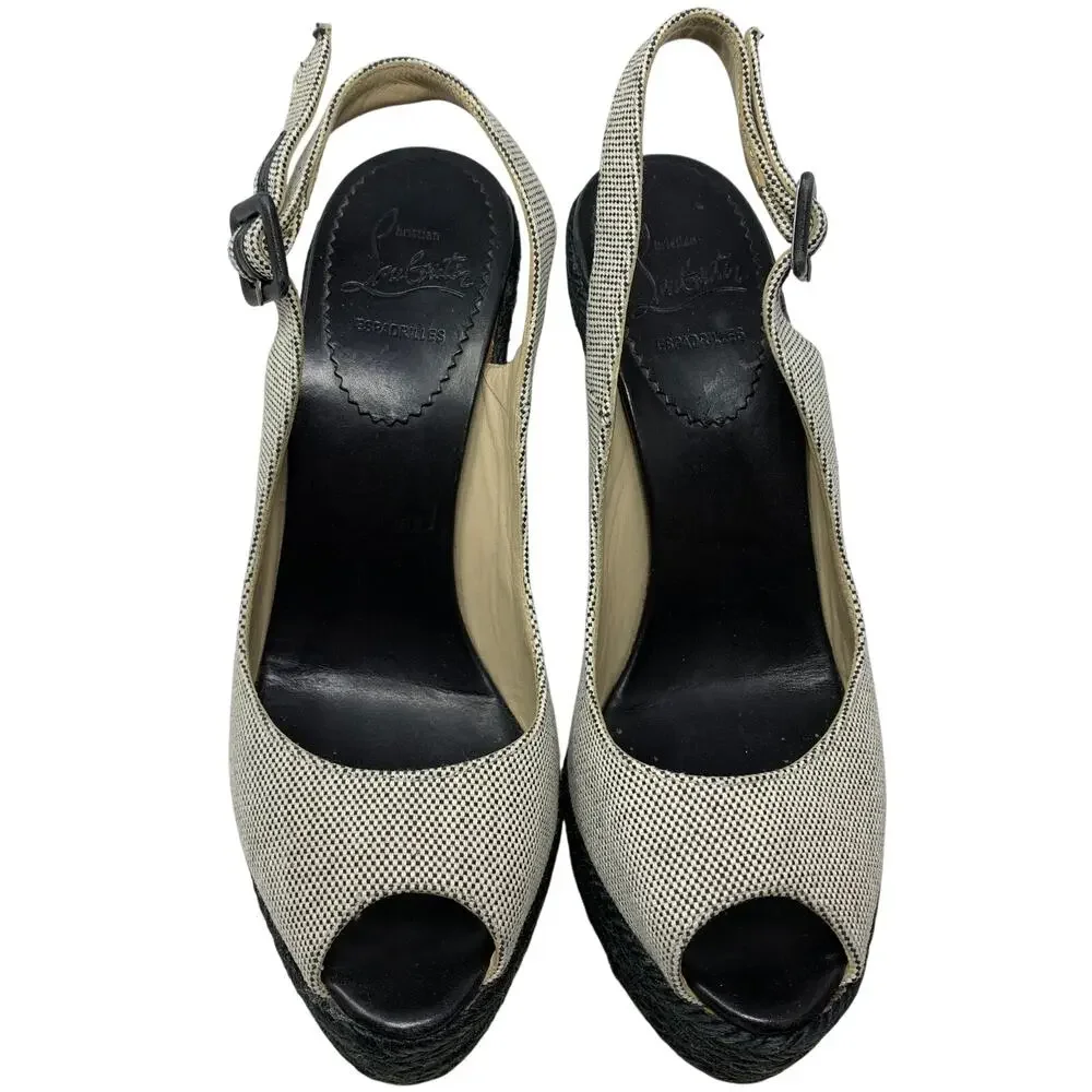 Christian Louboutin Peep Toe Espadrille Wedges Womens Apx Sz 37 US 7 Black White